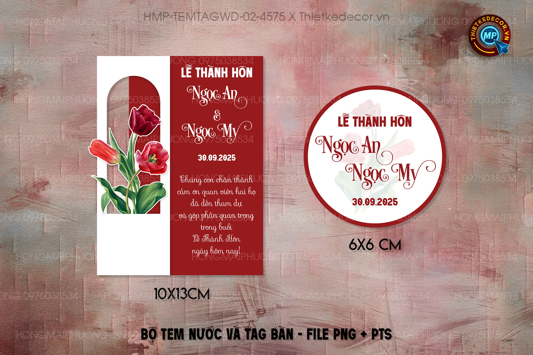 Bộ Tem nước tag bàn tone đỏ Vintage họa tiết hoa